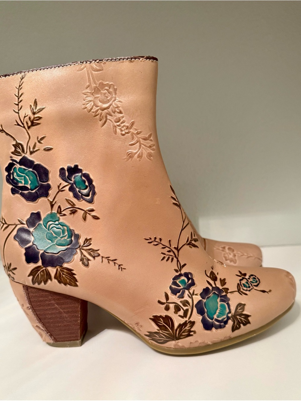 L’artiste Women's Blush Floral Embossed Ankle Boots with Teal Accents - Picture 3 of 5